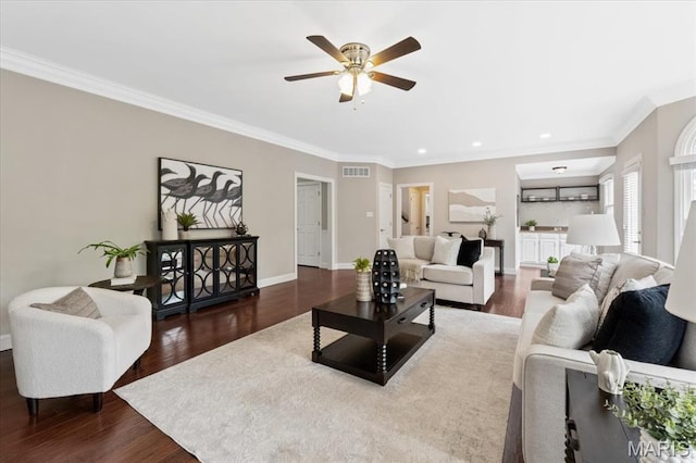 1525 Honey Locust Ct, Wildwood, MO 63005 - living room featuring ornamental molding, ceiling fan, dark wood-style flooring, and recessed lighting