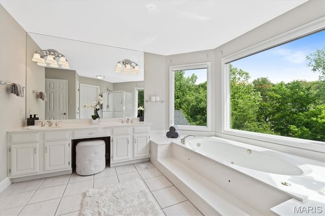 1525 Honey Locust Ct, Wildwood, MO 63005 - bathroom with plenty of natural light, double vanity, a stall shower, and a whirlpool tub