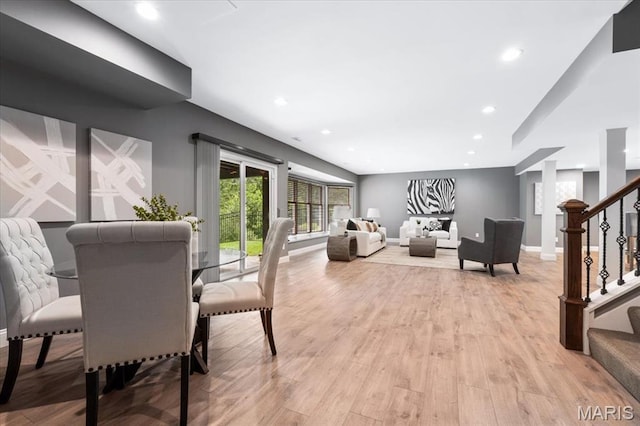 1525 Honey Locust Ct, Wildwood, MO 63005 - living room featuring stairway, light wood-style floors, and recessed lighting