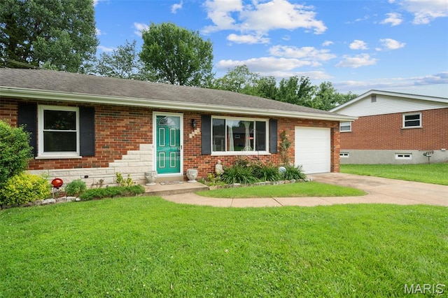 2604 Jonathan Dr, Mehlville, MO 63125 - ranch-style house with a garage, concrete driveway, a front lawn, and brick siding