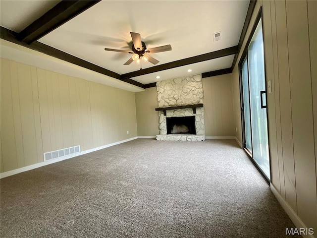 3919 Bellvue Dr, Saint Peters, MO 63376 - unfurnished living room with beamed ceiling, ceiling fan, carpet floors, and a fireplace