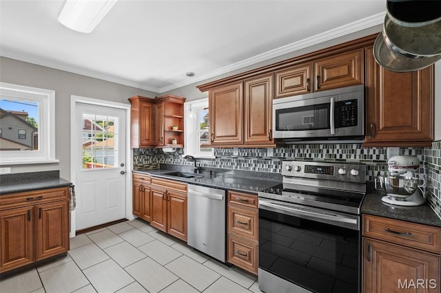 6314 Chippewa St, Saint Louis, MO 63109 - kitchen with appliances with stainless steel finishes, a sink, dark countertops, open shelves, and tasteful backsplash