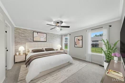 3169 Willow Point Dr, Imperial, MO 63052 - bedroom with multiple windows, crown molding, carpet flooring, and ceiling fan