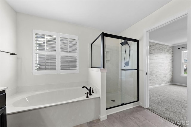 3169 Willow Point Dr, Imperial, MO 63052 - bathroom featuring a bath, a stall shower, vanity, and crown molding