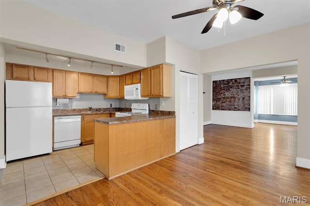 6026 Waterman Ave Unit 3E, Saint Louis, MO 63112 - kitchen with white appliances, rail lighting, a ceiling fan, dark countertops, and a sink