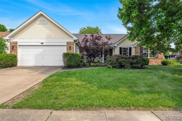 1045 Sprinters Row Dr, Florissant, MO 63034 - ranch-style home with brick siding, a garage, a front lawn, and driveway