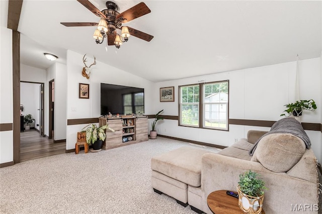28079 Sapphire, Richland, MO 65556 - carpeted living area featuring vaulted ceiling, a ceiling fan, and baseboards