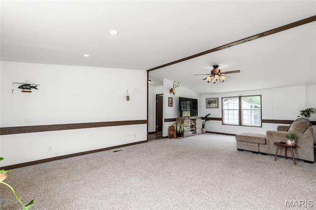 28079 Sapphire, Richland, MO 65556 - living room with carpet, ceiling fan, vaulted ceiling, baseboards, and recessed lighting