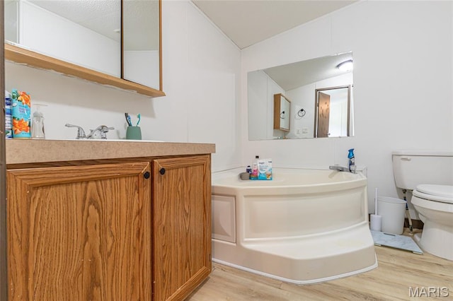28079 Sapphire, Richland, MO 65556 - bathroom with wood finished floors, toilet, a garden tub, vanity, and vaulted ceiling