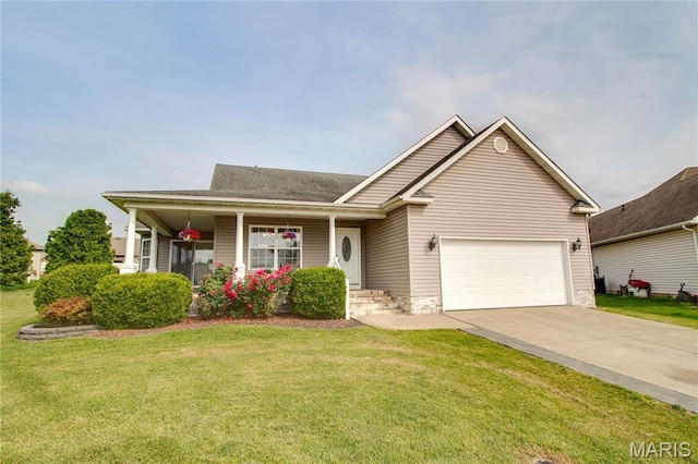 2 Breezeway Ct, Jerseyville, IL 62052 - view of front of property with driveway, a front yard, a garage, and a porch