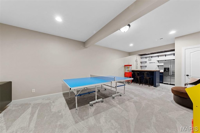 3204 Hadrian St, Saint Charles, MO 63301 - rec room with light carpet, baseboards, recessed lighting, bar area, and beamed ceiling