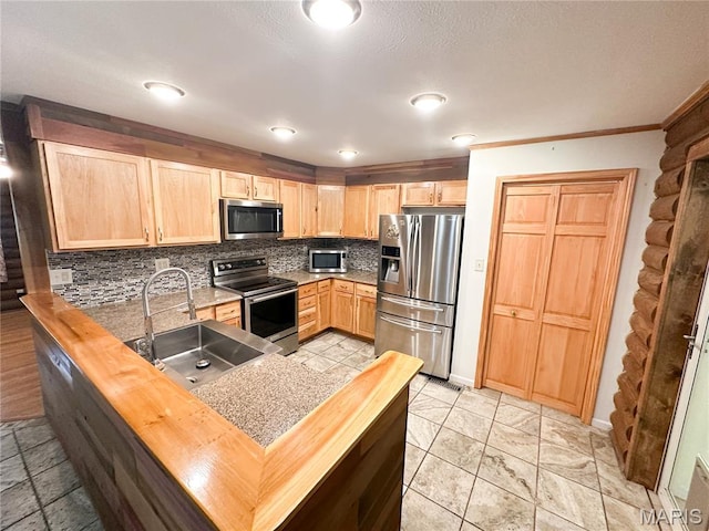 1 Timber Ln, Salem, MO 65560 - kitchen featuring appliances with stainless steel finishes, light brown cabinetry, a sink, backsplash, and crown molding