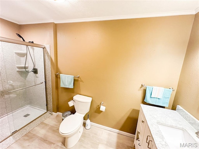 1 Timber Ln, Salem, MO 65560 - bathroom with toilet, ornamental molding, a shower stall, vanity, and baseboards