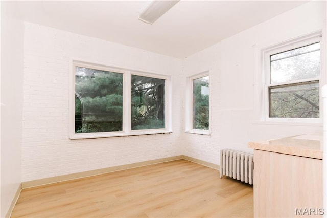 7360 Dartmouth Ave, University City, MO 63130 - unfurnished room featuring radiator heating unit, light wood-style flooring, and brick wall