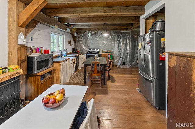 5423 Saxtown Rd, Millstadt, IL 62260 - kitchen featuring appliances with stainless steel finishes, hardwood / wood-style floors, and wooden ceiling