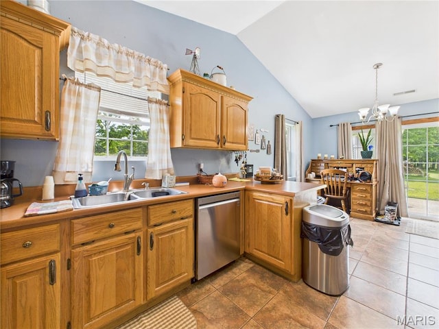 4862 State Highway 142e, Doniphan, MO 63935 - kitchen with dishwasher, a sink, vaulted ceiling, a chandelier, and a peninsula