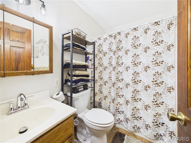 4862 State Highway 142e, Doniphan, MO 63935 - bathroom with vanity, toilet, curtained shower, and lofted ceiling