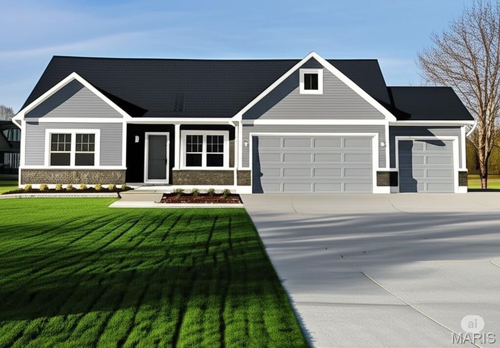 31640 Dogwood Ln, Foristell, MO 63348 - craftsman house with an attached garage, concrete driveway, a front lawn, and stone siding