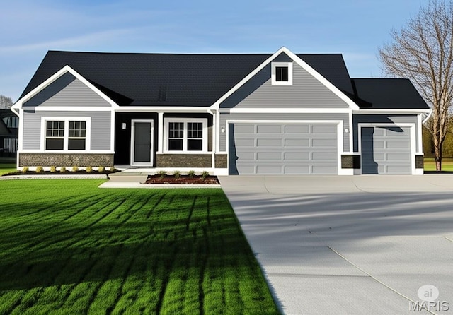 31640 Dogwood Ln, Foristell, MO 63348 - craftsman house with an attached garage, concrete driveway, a front lawn, and stone siding