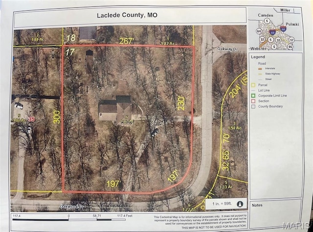 20193 SW Oakwood Dr, Lebanon, MO 65536 - aerial view of property's location with property boundaries highlighted