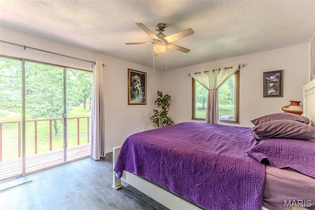 20193 SW Oakwood Dr, Lebanon, MO 65536 - bedroom featuring access to exterior, wood finished floors, multiple windows, a textured ceiling, and ceiling fan