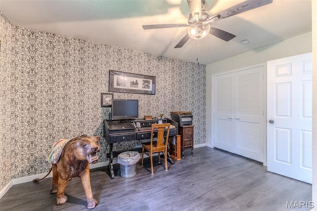 20193 SW Oakwood Dr, Lebanon, MO 65536 - office space with wood finished floors, a ceiling fan, baseboards, and wallpapered walls