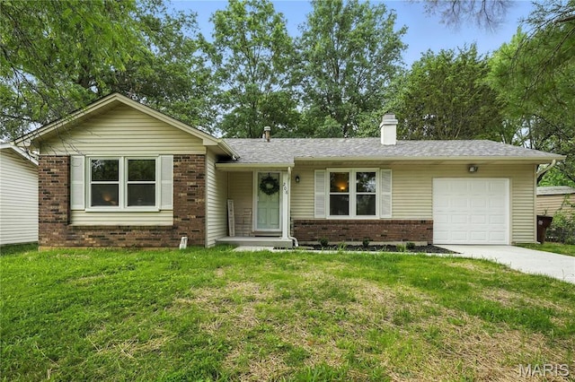 208 Mill Run Ln, Saint Peters, MO 63376 - ranch-style house with brick siding, a garage, driveway, a chimney, and a front yard