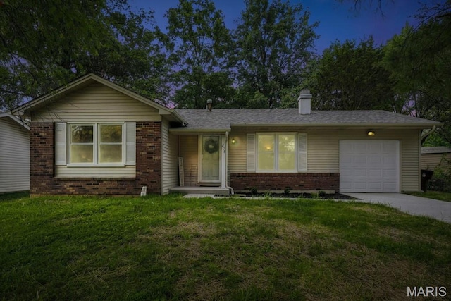 208 Mill Run Ln, Saint Peters, MO 63376 - ranch-style home featuring brick siding, a chimney, an attached garage, driveway, and a front lawn