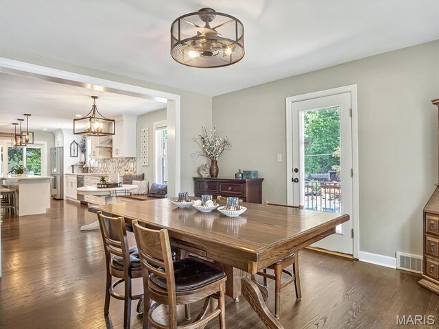 201 Banner St, Edwardsville, IL 62025 - dining room with plenty of natural light, a chandelier, dark wood-type flooring, and baseboards