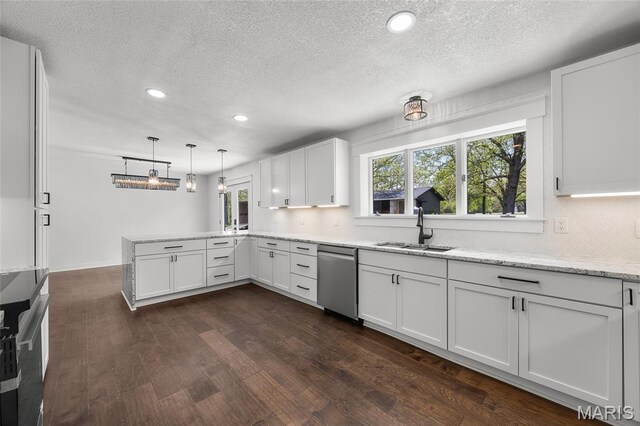 509 Saint Francois Rd, Bonne Terre, MO 63628 - kitchen with a sink, stainless steel dishwasher, a peninsula, a textured ceiling, and dark wood-type flooring