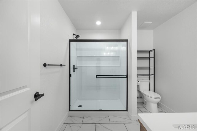 509 Saint Francois Rd, Bonne Terre, MO 63628 - bathroom featuring baseboards, a shower stall, toilet, marble finish floors, and recessed lighting