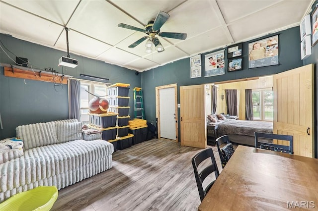 1618 N State St, Litchfield, IL 62056 - living area with healthy amount of natural light, wood finished floors, a ceiling fan, and coffered ceiling