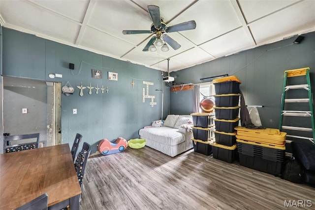 1618 N State St, Litchfield, IL 62056 - interior space with wood finished floors, a ceiling fan, and coffered ceiling