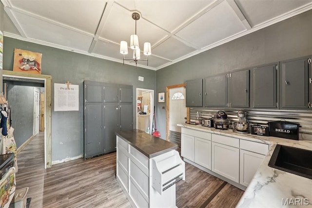 1618 N State St, Litchfield, IL 62056 - kitchen featuring a sink, coffered ceiling, light wood-type flooring, pendant lighting, and gray cabinetry