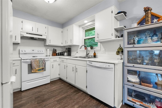 1407 Perry Ave, Cape Girardeau, MO 63701 - kitchen featuring white appliances, under cabinet range hood, a sink, white cabinetry, and a textured ceiling