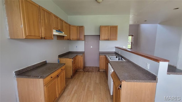 5714 Maple Ave, Saint Louis, MO 63112 - kitchen featuring under cabinet range hood, a sink, light wood-type flooring, dark countertops, and brown cabinets