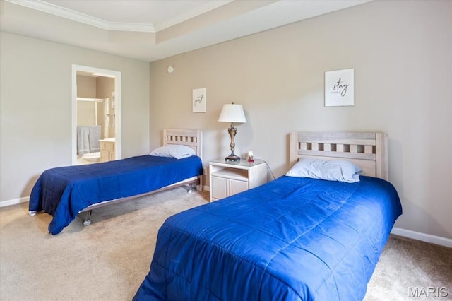 33 Monterey Dr Unit 2A, Lake Ozark, MO 65049 - carpeted bedroom with baseboards, ornamental molding, ensuite bath, and a raised ceiling