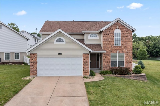 668 Top Notch Ln, Eureka, MO 63025 - traditional-style house with brick siding, concrete driveway, a front yard, and roof with shingles