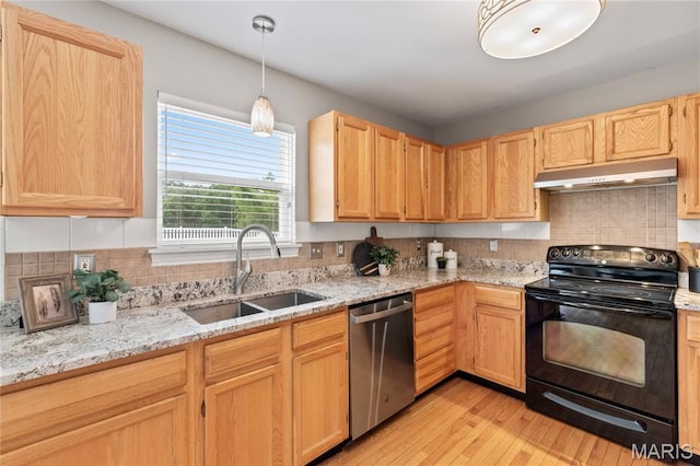 668 Top Notch Ln, Eureka, MO 63025 - kitchen featuring black electric range oven, stainless steel dishwasher, under cabinet range hood, a sink, and light brown cabinetry