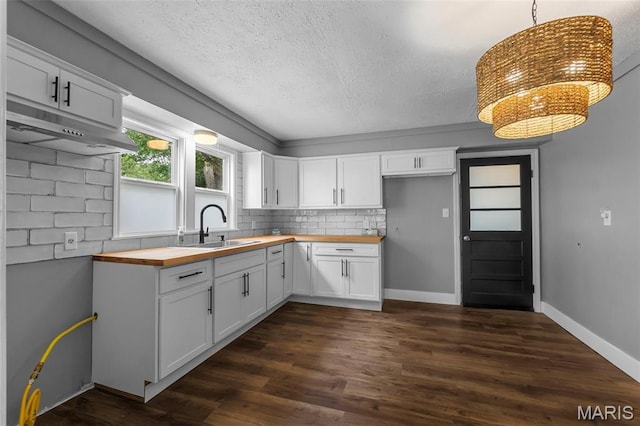 500 Frisco Rd, Campbell, MO 63933 - kitchen with wood counters, a sink, a textured ceiling, dark wood finished floors, and backsplash
