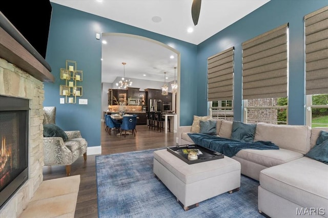 5 Watch Hill Rd, Ladue, MO 63124 - living area featuring a fireplace, a chandelier, wood finished floors, recessed lighting, and ceiling fan