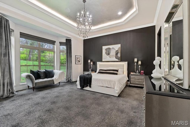 5 Watch Hill Rd, Ladue, MO 63124 - bedroom featuring a chandelier, dark carpet, and a tray ceiling