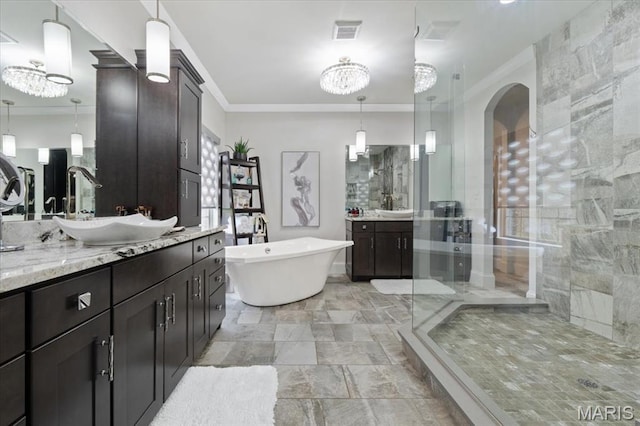 5 Watch Hill Rd, Ladue, MO 63124 - bathroom with a stall shower, vanity, crown molding, a freestanding tub, and a chandelier
