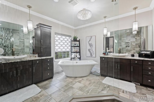 5 Watch Hill Rd, Ladue, MO 63124 - bathroom featuring a stall shower, a soaking tub, two vanities, crown molding, and a chandelier