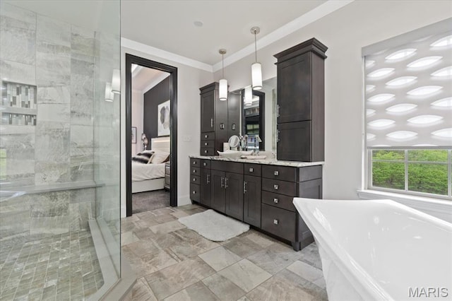 5 Watch Hill Rd, Ladue, MO 63124 - bathroom featuring a soaking tub, vanity, a tile shower, connected bathroom, and ornamental molding