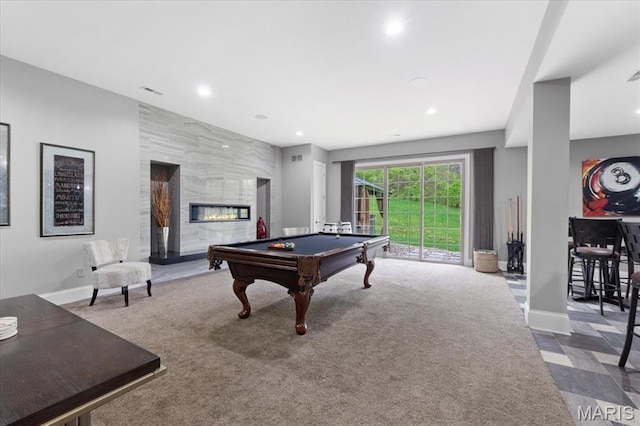 5 Watch Hill Rd, Ladue, MO 63124 - recreation room with billiards, recessed lighting, a premium fireplace, and carpet