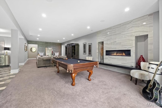 5 Watch Hill Rd, Ladue, MO 63124 - rec room with carpet floors, a tile fireplace, billiards, recessed lighting, and an accent wall