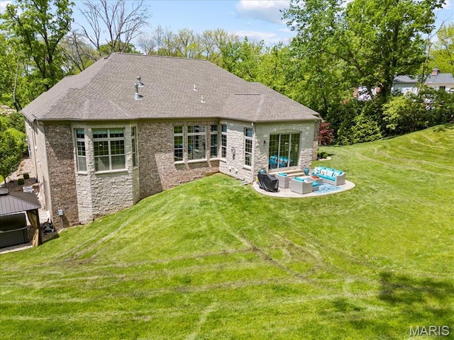 5 Watch Hill Rd, Ladue, MO 63124 - back of house with an outdoor living space, stone siding, a patio area, a shingled roof, and a lawn