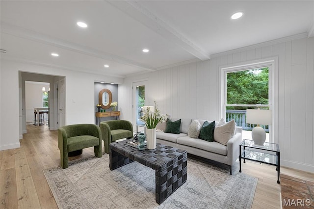 173 Portico Dr, Chesterfield, MO 63017 - living room with plenty of natural light, beam ceiling, light wood-type flooring, recessed lighting, and a decorative wall