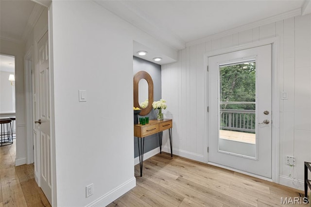 173 Portico Dr, Chesterfield, MO 63017 - entryway with ornamental molding, light wood-style flooring, and baseboards